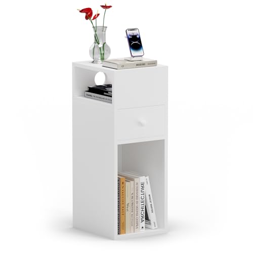 VOUNOT® Slim Bedside Table, Narrow Wood Bedside Cabinet with Drawer and Open Shelf, Small Bedside Unit, Thin Nightstand for Bedroom, Living Room, White