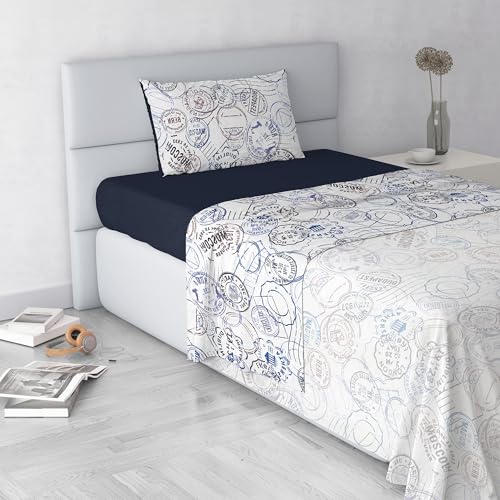 Fashion Bed Sheet Set, Made in Italy, Soft Microfibre Bed Set, Fitted Sheet, Top Sheet 150 x 270 cm and Pillowcase with Inner Flap, Single, Travel Life