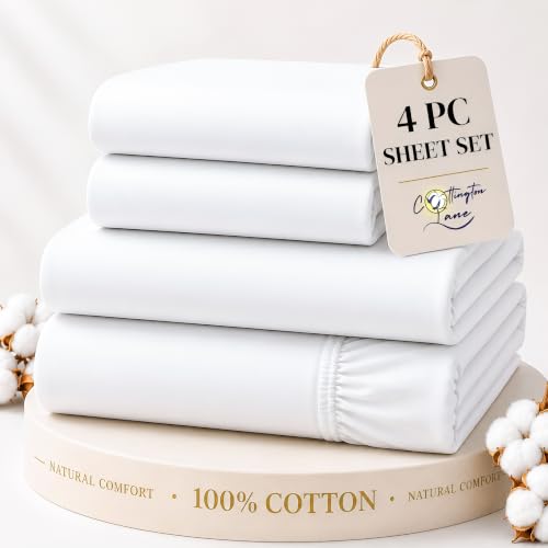 Cottington Lane 100% Cotton Queen Sheet Set, 4 Piece White Luxury Hotel Quality Sheets, Deep Pocket Fits 8-16 Inch Mattress, Soft, Durable, Cooling & Breathable Bedding for Queen Bed