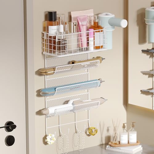 Wall-Mounted Hair Dryer Holder Styling Tool Organizer 4-Shelf Storage Wire Basket with Hook Heat Safe Rack for Hair-Straighteners,Curling Wands,Flat Iron,Cabinet Door Bathroom Kitchen White