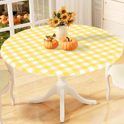 "misaya Round Fitted Tablecloth with Elastic Edge, Buffalo Plaid Waterproof Vinyl Flannel Backed Table Cloth Cover Fits 36""-44"" Round Tables for Dinner, Outdoor, Picnic, Yellow White Check"