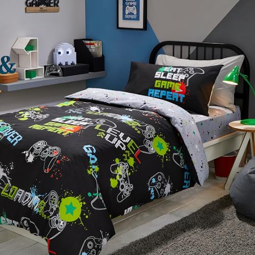 Bedlam Black Gaming Duvet Cover Single Size (140x200cm) – Glow in the Dark Reversible Bedding – 2 Pillowcases – Gamer Bedroom Accessories – Video Game Theme – Polycotton – 3 Piece Set