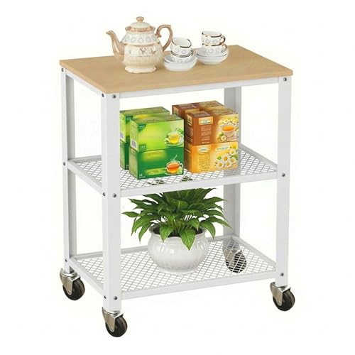 Relaxdays Kitchen Trolley, 3-Tier Wood-Effect Metal on Castors, 77.5 x 60 x 40 cm, Light Brown/White