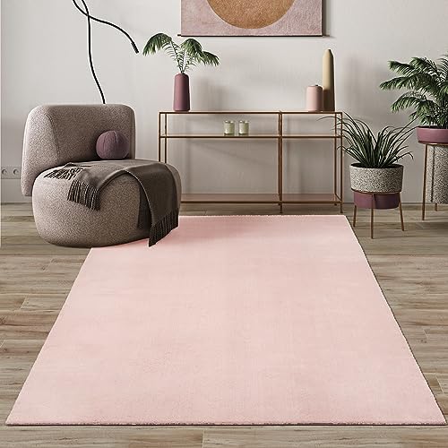 Mias Teppiche Comfort Modern Fluffy Short-Pile Carpet, Anti-Slip Backing, Washable up to 30 Degrees, Super Soft, Faux Fur Look, Blush, 240 x 340 cm