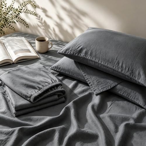 "MEISHANG 100% Linen Sheets Queen Size - 4 Piece Breathable Sheet Set, Ultra-Soft Durable Flax Linen, Naturally Cooling & Moisture Wicking with 16"" Deep Pocket (Dark Grey)"