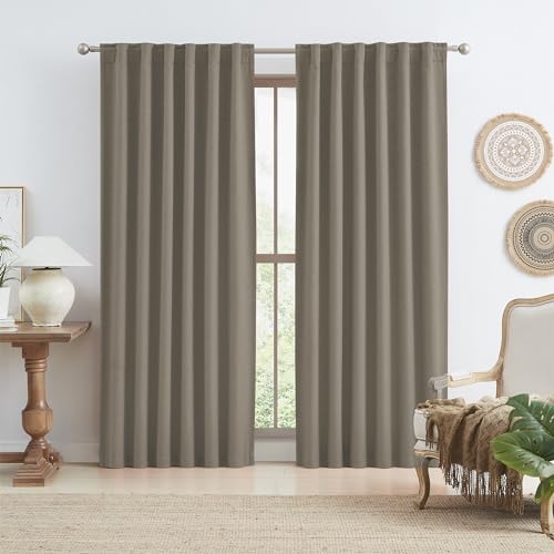 KEQIAOSUOCAI Taupe Blackout Linen Curtain Panels Back Tab, Privacy Protect Full Light Blocking Out Draperies 84 Inch Long, Hook Belt Pleated Soundproof Window Drapes for Bedroom, 50x84, 2 PCs