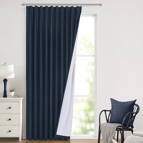 "Vision Home Navy Blue Pinch Pleated Full Blackout Curtains Linen Blended Room Darkening Window Curtains 112 inch for Living Room Bedroom Thermal Insulated Pinch Pleat Drapes with Hooks 60"" Wx112 Lx1"