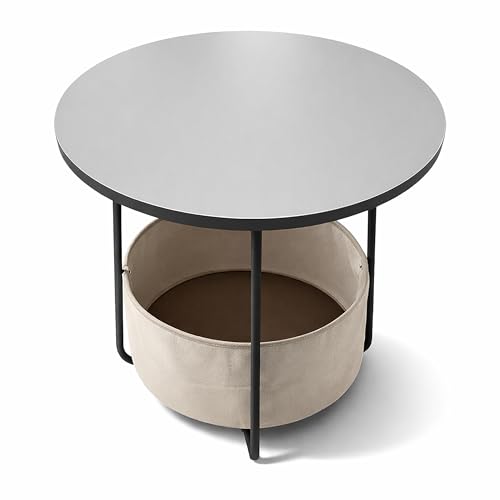 Relaxdays side table, round coffee table with fabric basket, H x D 50 x 45 cm, MDF & metal, grey-cream