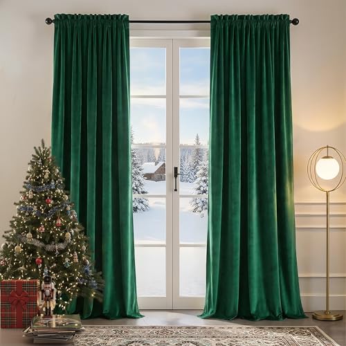 Nemia Emerald Green Velvet Curtains for Bedroom Window, Rod Pocket Thermal Insulated Luxury Vintage Heavy Blackout Curtain Velvet Drapes for Living Room Darkening, W53 x L108 inches, 2 Panels