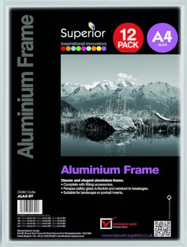 SECO A4 Brushed Aluminium Picture Frame - Silver - Perspex Safety Glass - 12 Pack - Photo, Certificate & Artwork Display - Home & Office Decor