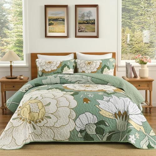 DJY Sage Green Quilt Set King Size 3 Pieces Floral Boho Bedspread Coverlet Set, Lightweight Microfiber Farmhouse Floral Quilted Bedding Set Reversible Bed Cover for All Season, 110''x90''