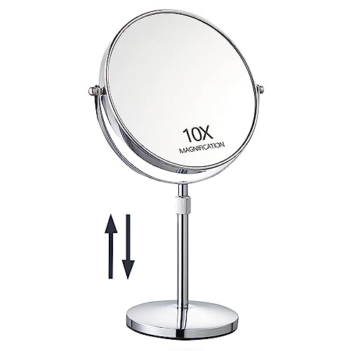 "17"" Tall Tabletop Magnifying Makeup Mirror Height Adjustable Vanity Mirror 1X/10X Magnification, 8"" Large Double-Sided 360° Swivel Classic Round Desktop Make Up Mirror for Bathroom & Bedroom, No Light"