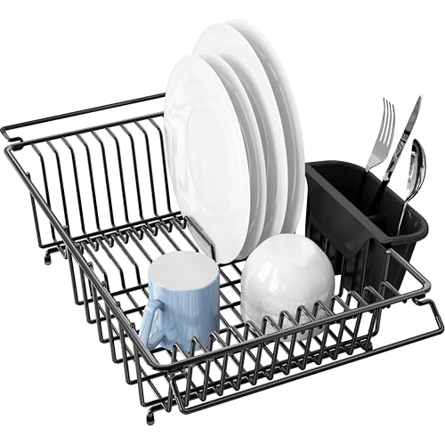 Simple Houseware Large Over Sink Counter Top Dish Drainer Drying Rack with Drying Mat and Utensil Holder, Black