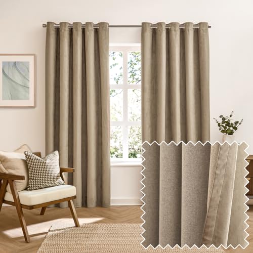 furn. Verso Blackout Eyelet Curtain Pair – Reversible Ring Top Light Blocking Suede Drapes (Mocha - 168x229cm)