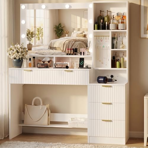 JUMMICO 114 cm Dressing Table with Large Mirror and LED Lighting, 5 Drawers, 7 Open Shelves and 7 Hanging Hooks, Cosmetic Table for Girls and Women, Bedroom Furniture, Glacier White