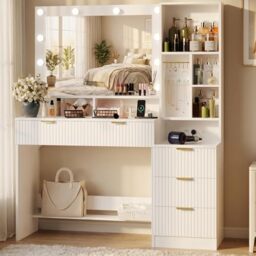 JUMMICO 114 cm Dressing Table with Large Mirror and LED Lighting, 5 Drawers, 7 Open Shelves and 7 Hanging Hooks, Cosmetic Table for Girls and Women, Bedroom Furniture, Glacier White
