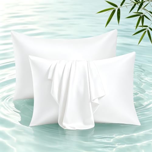 Bamboo Viscose Zipper Pillow Cases Standard Size Set of 2 - 400 Thread Count Cooling Pillowcases for Hot Sleepers & Night Sweats, Breathable Silky Soft Pillow Covers, White, 20x26