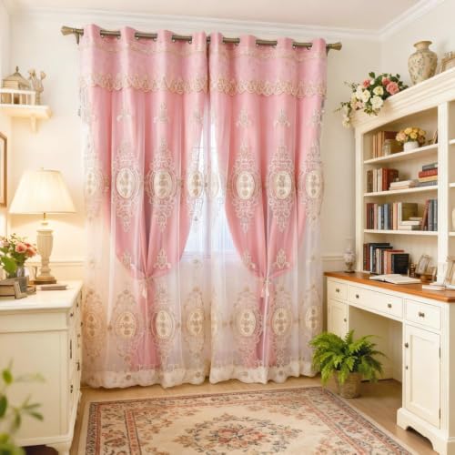 Amidoudou 1 Pair European Double Layer Curtains with Valances for Living Room Bedroom Luxury 3D Flower Embroidered Curtains (Pink,52x90 Inch)