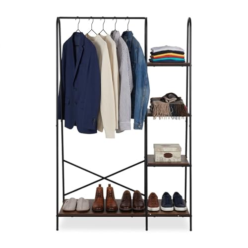 Relaxdays Industrial Coat Rack with 5 Shelves & Clothes Rail, 160x100x40cm, Brown-Black