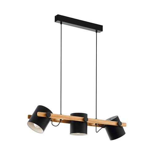 Eglo Hornwood Vintage Ceiling Light, Industrial Design 3-Flame Pendant Lamp, Black and Cream Steel with Brown Wood Retro Hanging Lighting, E27 Socket