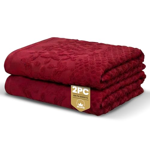 Rapport Home Versailles Jacquard Bath Sheets 2 Pack - Ruby 90x140cm - Luxurious 500GSM 100% Cotton - Oeko-Tex Certified Absorbent & Soft Bathroom Towels
