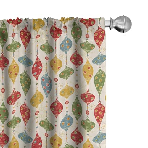 "Ambesonne Christmas Window Curtains Pack of 2, Hanging Balls in Different Shapes and Colors Designed with Abstract Snowflakes, Lightweight Set with Rod Pocket, 4 Panels of - 28"" x 63"", Red Green"