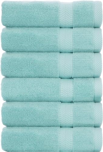 BY LORA Terry Cotton Towel Hand Towels, Nautical Teal, Set of 6
