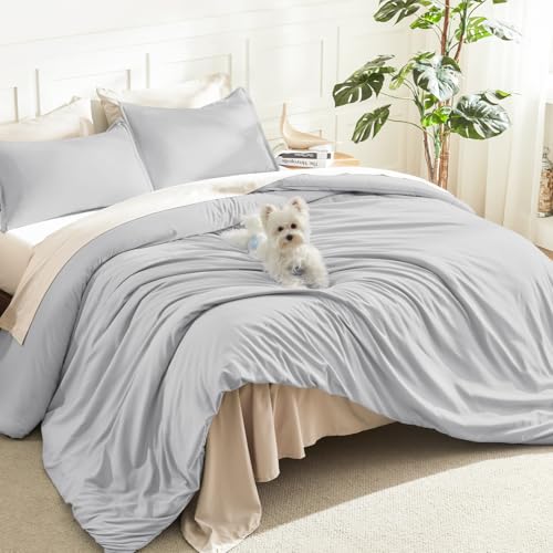 Litanika Light Grey Oversized Queen Comforter Set, 3 Pieces Solid Bedding - Soft Fluffy Down Alternative All Season Quilt Blanket