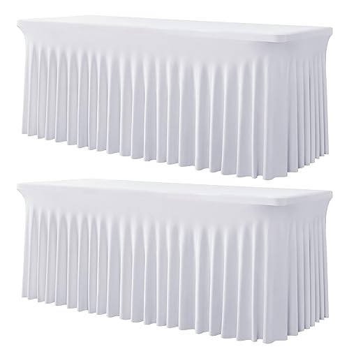 2 Pack White Spandex Tablecloth for 5 Foot Rectangle Tables, Wrinkle Free Fitted Table Clothes Cover 5ft Stretchy Tablecloths with Skirt for Parties Weddings Birthday Banquet Baby Shower