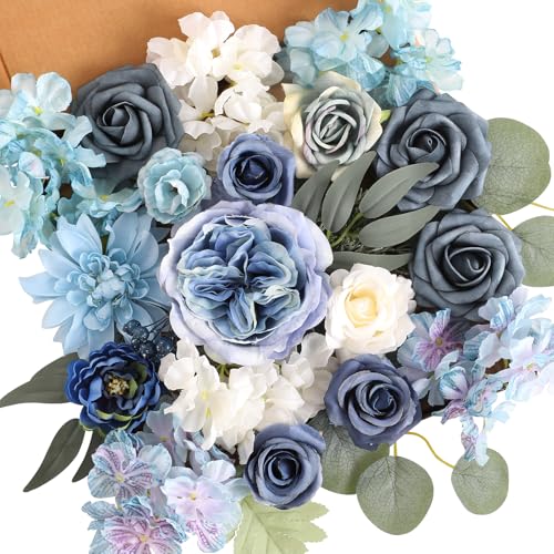 Senseya Artificial Flowers Combo Box Flower Leaf with Stems for DIY Wedding Bouquets Bridal Shower Centerpieces Party Decorations (Blue)