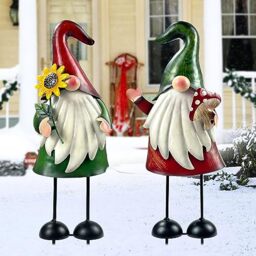 HONGLAND Garden Gnome Statue Outdoor Metal Gnome Yard Art 18 Inch Gnome Figurine Decorative Stakes for Holiday Xmas Lawn Patio Yard Garden Decor-2 PCS