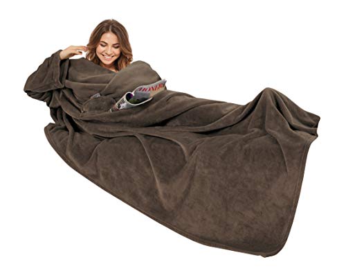 Gözze - Premium Wearable Snuggle Blanket with Sleeves and Breast Pocket, 150 x 240 cm - Brown