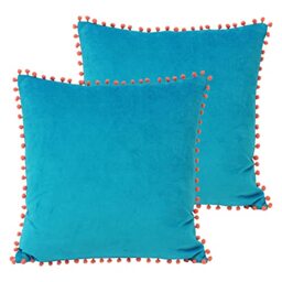 Paoletti Velvet Pompom Polyester Filled Cushions (Twin Pack), Cotton, Teal/Coral