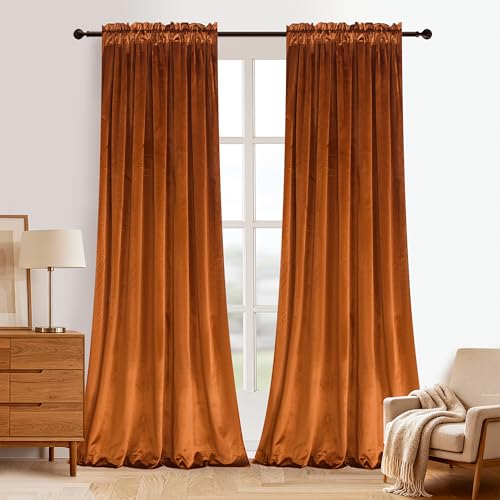 Roslynwood Home Velvet Orange Curtain 96 inch - Heavy Duty Curtains Energy Efficient Room Darkening Rod Pocket Drapes Window Covering Set for Home Theatre/Living Room, 52Wx96L Orange/2 Panels