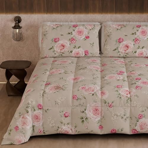 PETTI Artigiani Italiani Printed Winter Duvet 170 ?? 260 cm - Floral 20 Taupe, reversible microfibre quilt, 300 g/m??, Made in Italy