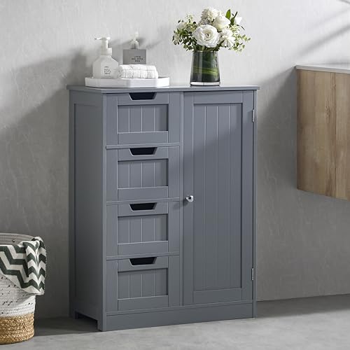 Bath Vida Freestanding Bathroom Floor Cabinet, 4 Drawers & 1 Door Wooden Storage Unit, with Adjustable Shelf for Bathroom, Living Room, Kitchen, Entryway, 30Dx60Wx81H (Grey)