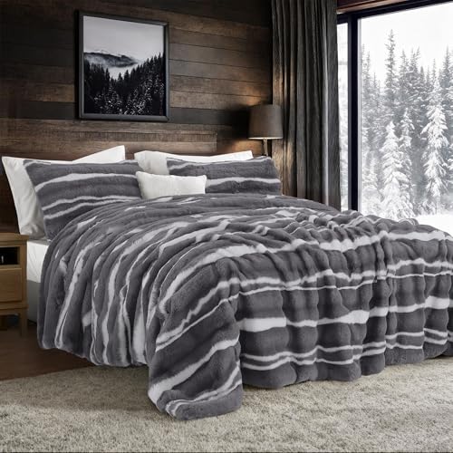 "Wonderful 3 Pieces Fluffy Faux Rabbit Fur Comforter Set Queen Size, Dark Gray Plush Fuzzy Bedding Set, Animal Stripes Design Warm Soft Comforter Bedding Set for All Season,90""x94"""