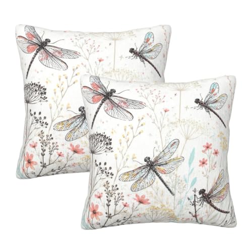 aipoase Dragonfly Flower Throw Pillow Covers 18 X 18 Inch Set of 2 Pillow Cases Decoration Cushion Cover for Sofa Bedroom Living Room Outdoor