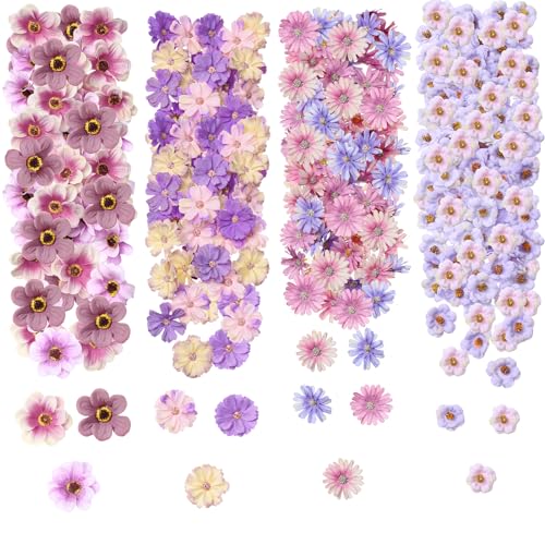 Cindeer 217 Pcs Mini Silk Flower Heads Bulk, Small Fake Flowers for Crafts Artificial 3D Loose Fabric Flower for Crafts DIY Wedding Party Hair Cap Dresses Decorations(Purple Series)