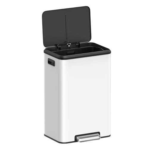 Songmics Kitchen Bin, 40L Pedal Bin with Lid, Rubbish Bin for Waste, Soft Close and Stays Open, Wide Pedal, White LTB541W4002