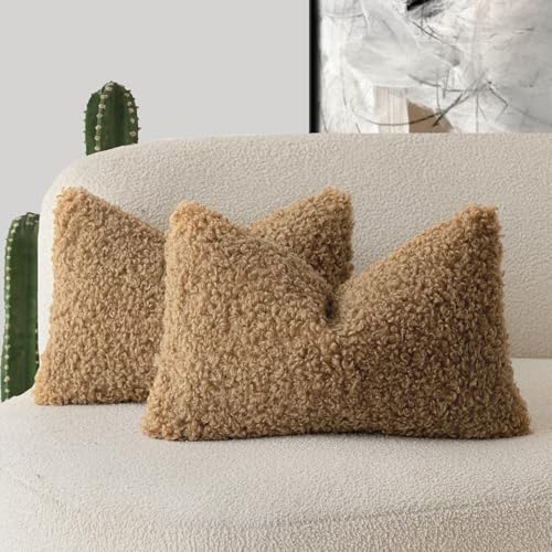 Foindtower, Set of 2 Decorative Curly Wool Throw Pillow Covers Textured Boucle Faux Fur Throw Pillow Covers for Sofa Bedroom Car 12x20 Inch Bronze