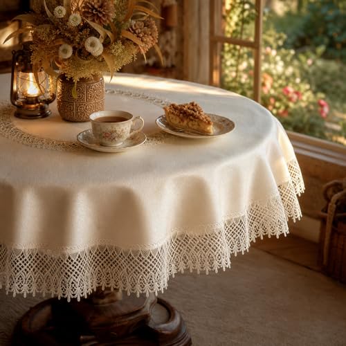 "ARTABLE Round Tablecloth Lace Rustic Macrame Embroidered Table Cloths for Harvest Dresser Decor Farmhouse Kitchen Home (Ivory-2, 70"" Round)"