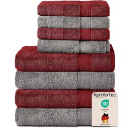 Komfortec Set of 8 Hand Towels 100% Cotton, 4 Bath Towels 70 x 140 cm and 4 Hand Towels 50 x 100 cm, Terry Clothing, Soft, Large Towel, Anthracite Grey/Aurora Red