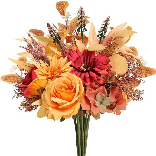 2 Pcs Artificial Fall Flowers Bouquet for Decoration, Fall Fake Silk Flower Arrangement Faux Autumn Flowers Fall Decorations for Home Indoor Office Wedding Bride Bouquets Table Centerpieces Fall Decor