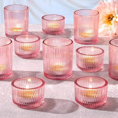 NITIME 10 Votive Candle Holders and Tealights Pink Ribbed Assorted Glass Tealight Holders for Table Decoration, Wedding, Baby Shower, Home and Party Decoration