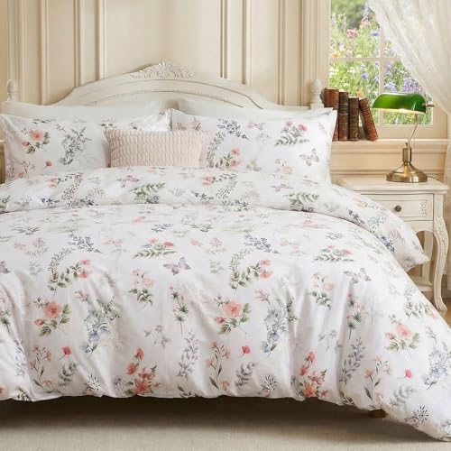 Cozaline Floral Queen Duvet Cover, 100% Cotton 3 Pieces Floral Bedding Sets with Zipper Closure Vintage Style Garden Comforter Cover, Soft Breathable, Lightweight
