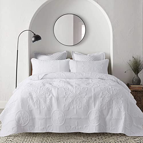 Damask Quilt Twin Size Bedding Sets with Pillow Sham, Boho Lightweight Soft Bedspread Coverlet, White Quilted Blanket Thin Comforter Bed Cover for All Season Spring Summer, 2 Pieces, 68x90 inches