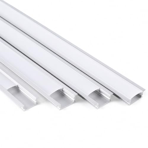 JANDEI – 4 x 1 Meter Aluminum Profile for recessing LED Strip, Diffuser for LED Light with Rounded Translucent Cover, Complete kit for Installation (Includes end caps)