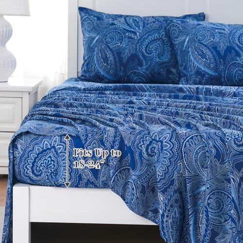 MEISHANG Queen Sheet Set - Ultra Soft Floral Sheets Extra Deep Pocket Fitted 18-24 Inch 100% Microfiber,1800 Thread Count Floral Bed Sheets Oeko-Tex Certificated 4 Pieces - Navy Paisley