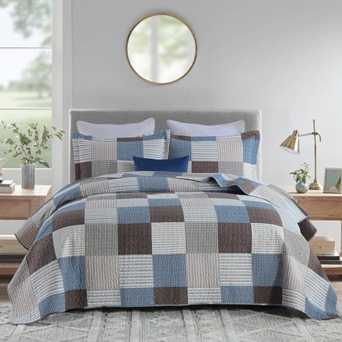 Finlonte Quilts Queen Size - 100% Cotton Plaid Queen Comforter Set Farmhouse Modern Quilt Bedding Set, Reversible Lightweight Soft Bedspread, Blue Brown Quilted Coverlet All-Season, 3-Piece